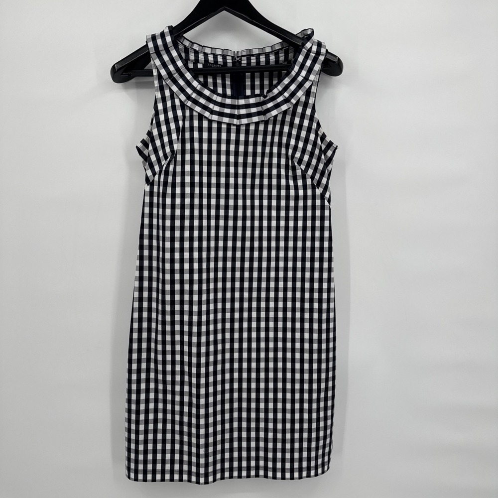 Talbots Blue &White Gingham Pleat Neck Stretch Sleeveless Sheath Dress Sz 4P EUC